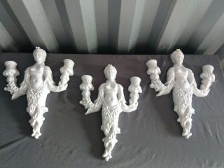 Vtg Set Of 3 Maitland Smith Faux Wall Sconces 14 " X 11 Fine Cond Nude Girl