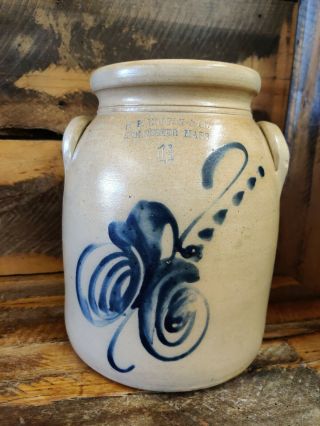 F.  B.  Norton & Co.  Salt Glazed Stoneware " Bold Blue Floral " Shouldered Crock.