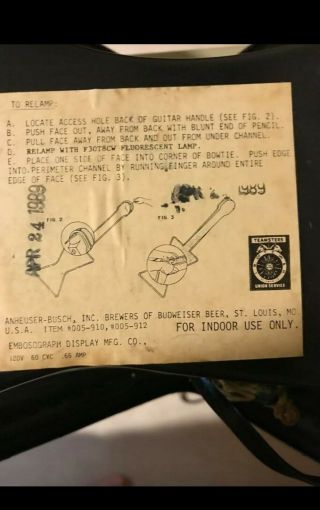 Collectible • 1989 RARE / VINTAGE Budweiser Bowtie - Guitar NEON LIGHT SIGN 3