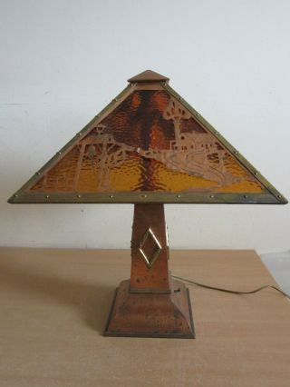 Antique Arts & Crafts Mission Hammer Copper Brass Slag Stained Glass Table Lamp