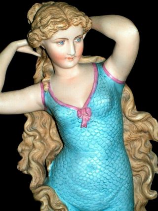 Antique German Victorian Lady Mermaid Bathing Beauty Lg Doll Bisque Figurine