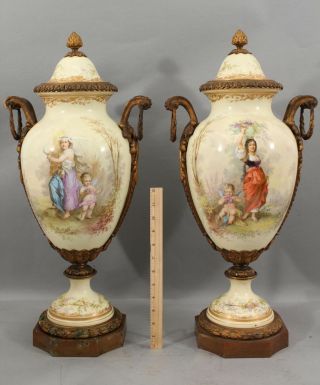 Pair Large Antique 18thc Sevres French Porcelain & Gilt Bronze Swivel Body Urn