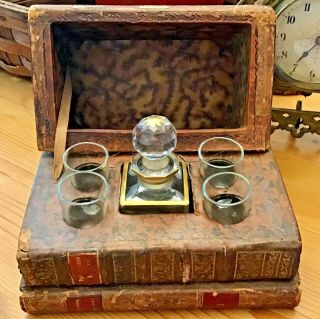 Antique French Trompe L’oeil Books Liquor Caddy Tantalus Box Decanter