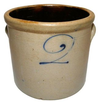 Mid - Late 19th C American Antique 2 Gal Primitive Salt Glazed 2 Stoneware Crock