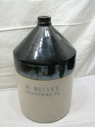 Antique Stoneware Jug Signed M.  Mellet Shenandoah Pa Whiskey Water 3 Gal