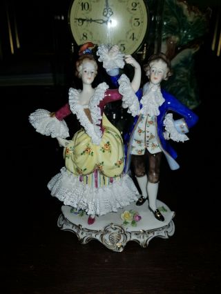 Antique Dresden Lace Volkstedt Porcelain Figurine Dancepair