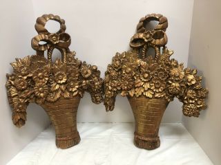Antique French Gold Gilt Weaved Basket Wood Carved Flowers Floral Wall Sconces