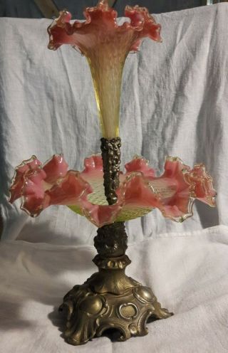 Early Victorian Cranberry Pink Vaseline Ruffled Edge Epergne Glass 14 " Tall Vase