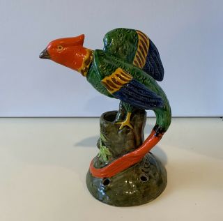 Vintage Japan Hand Painted Ceramic Parrot Flower Frog 7 In.  Tall
