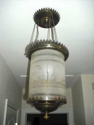 Victorian Etched Glass/brass Hanging Converted Oil Lamp/chandelier