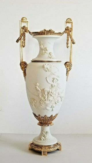 Stunning Large Antique French Sevres Gilt Bronze Bisque Porcelain Vase