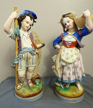 Antique Letu Mauger L & M Bisque French H Painted Figurines Boy Girl Fishing