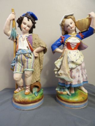 Antique Letu Mauger L & M Bisque French h painted figurines Boy Girl Fishing 2