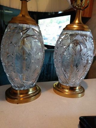 Ovoid Dresden Roses Cut Crystal Glass And Brass Table Lamps
