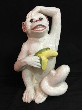 Rare White Ceramic Monkey Figurine Holding Banana Made In Italy 9” Porcelain