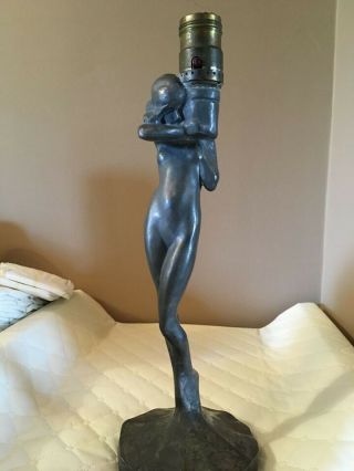 Vintage Art Deco Lamp Base.  13,  5 Inch Tall White Metal Nude.  Frank Art Style.