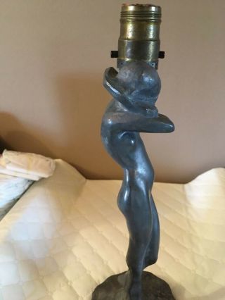 Vintage Art Deco lamp base.  13,  5 inch tall white metal nude.  Frank art style. 2