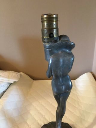 Vintage Art Deco lamp base.  13,  5 inch tall white metal nude.  Frank art style. 3