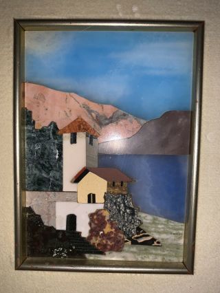 Italian Florentine Signed Pietra Dura Mosaic Lake Village Mountain Made In Italy