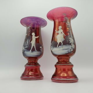 Antique Mary Gregory Amber Vase With Boy & Girl