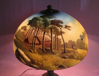Vintage 20th C Reverse Painted Glass Table Lamp Shade Man & Dog Lake Cabin 16 "