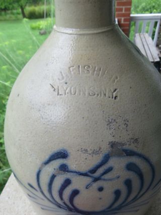 Antique Salt Glazed Stoneware 4 - gallon Jug Cobalt Blue,  J.  Fisher & Co Lyons,  NY 2