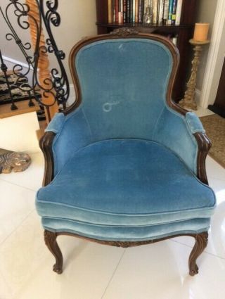 Ethan Allen Vintage French Accent Living Room Carved Wood Arm Chair Blue Velvet