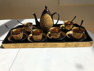 Vintage Chinese Black And Gold Lacquer Tea Set Teapot,  6 Cups Gold Lined,  Tray