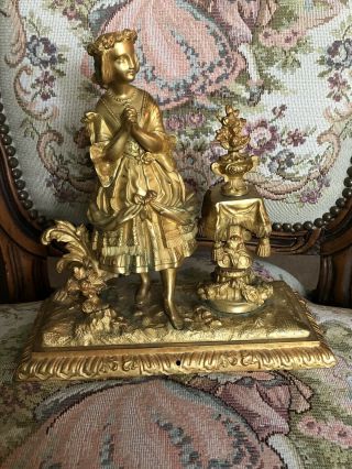 Antique 19th C French Bronze Gold Gilt Statue Woman Heretic Cross Royalty Lady