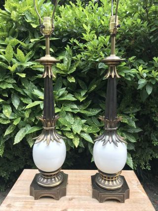 Pair Vintage Stiffel Brass Table Lamps Hollywood Regency Mid Century Ostrich Egg
