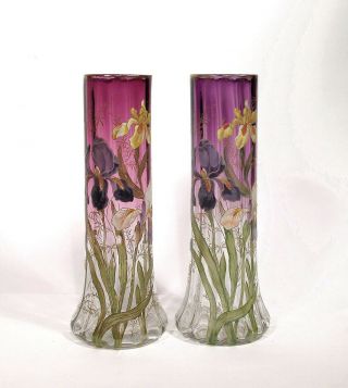 Antique Legras French Art Nouveau 14 " Enameled Iris Vase France