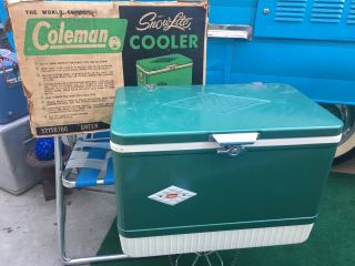 Vintage 1950s Coleman Snow Lite Diamond Cooler Green Metal W/ Tray & Box 1958