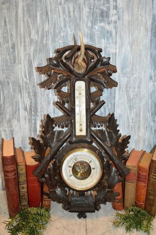 Antique Large German Black Forest Barometer Carved Wood Hunt Themed Deer Antler