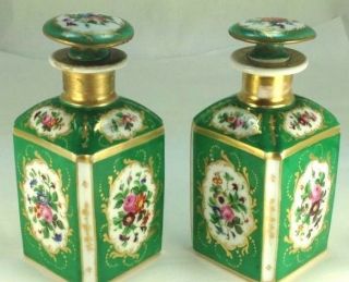 Elegant French Antique Tisset Twin Hand Painted Porcelain Perfume/scent Bottles