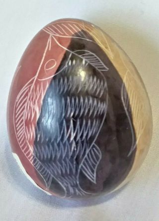 Vintage Hand Carved Stone Egg Painted & Etched Fish Motif,  Made In Kenya