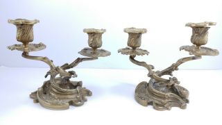 Vintage Brass Ornate Signed Antique French Cabinet Candlesticks Holders