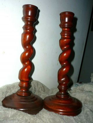 13 " Pair Antique Barley Twist Candlesticks / Wooden Candle Holders