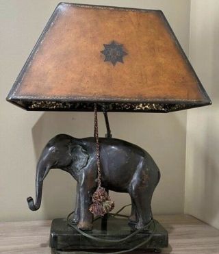 Maitland Smith Bronze Elephant Table Lamp Faux Leather Shade Euc