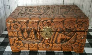 Large Vintage Wooden Hand Carved Trinket Tea Box Chest Floral