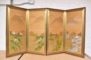 Vtg Japanese Chinese 4 Panel Folding Screen Byobu Painted 66x36 Antique Signed