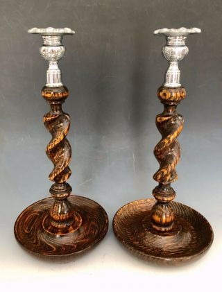 Pair Antique English Barley Twist Oak Wood Candlesticks Candle Holders