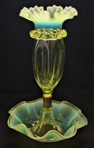 Art Glass Epergne,  Opalescent Vaseline Glass,  Rigaree Scrolled Band,  C1900,  11 " T