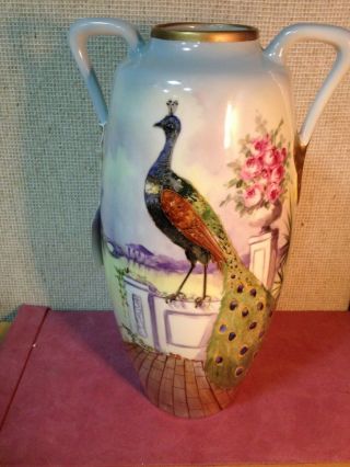 Antique Art Nouveau Amphora Porcelain Pierced Hand Painted Vase Austria 15.  1/4 "