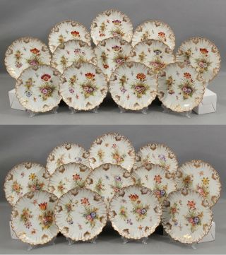 24 Antique Gold Gilt French Limoges Flower Painting Porcelain Plates Dessert Set
