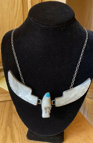 Vintage Zuni Sterling Silver Carved Mother - Of - Pearl Flying Eagle Necklace