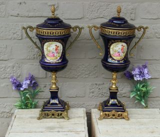 Pair Vintage French Cobalt Blue Limoges Porcelain Lidded Victorian Scene Vases