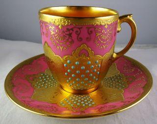 Antique Coalport Jeweled Pink & Heavy Gold Demitasse Cup & Saucer Set