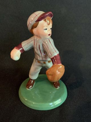 Vintage Baseball Boy Pitcher Hand Painted Ceramic Figurine Gray Red Pinstripe