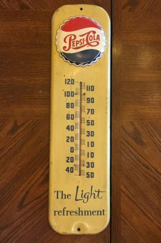 Vintage Pepsi Cola The Light Refreshment Tin Litho Thermometer Yellow Ra - 55 M215
