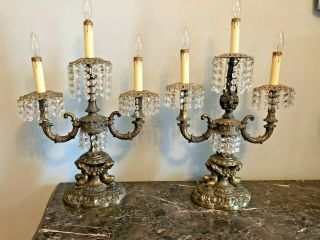 Antique French Brass Gothic Style Electric Candelabra Table Lamps